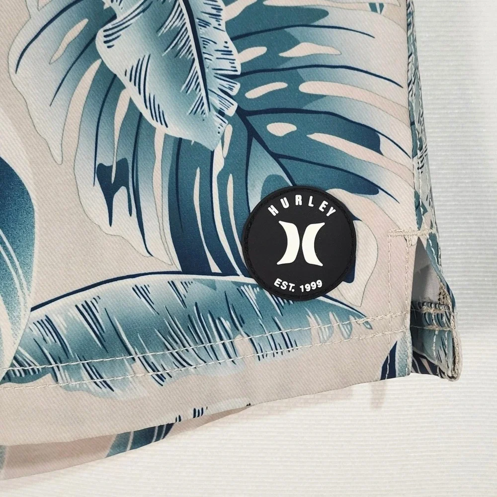 Hurley Lined Swim Trunks Mens Large Tropical‎ Palm Leaf Print Green Cream Shorts